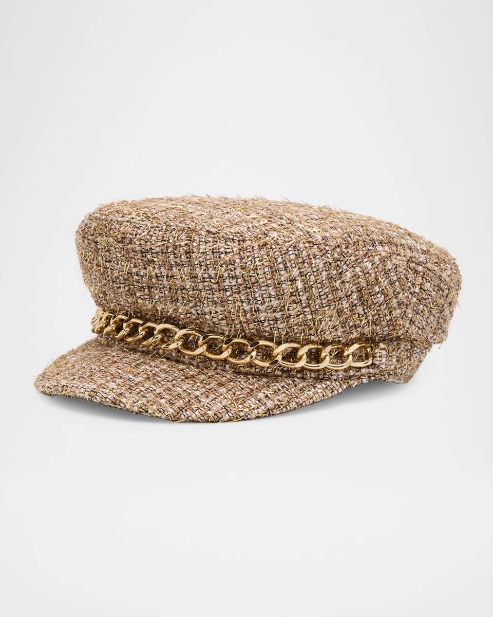 Marina Chain-Embellished Tweed Newsboy Cap